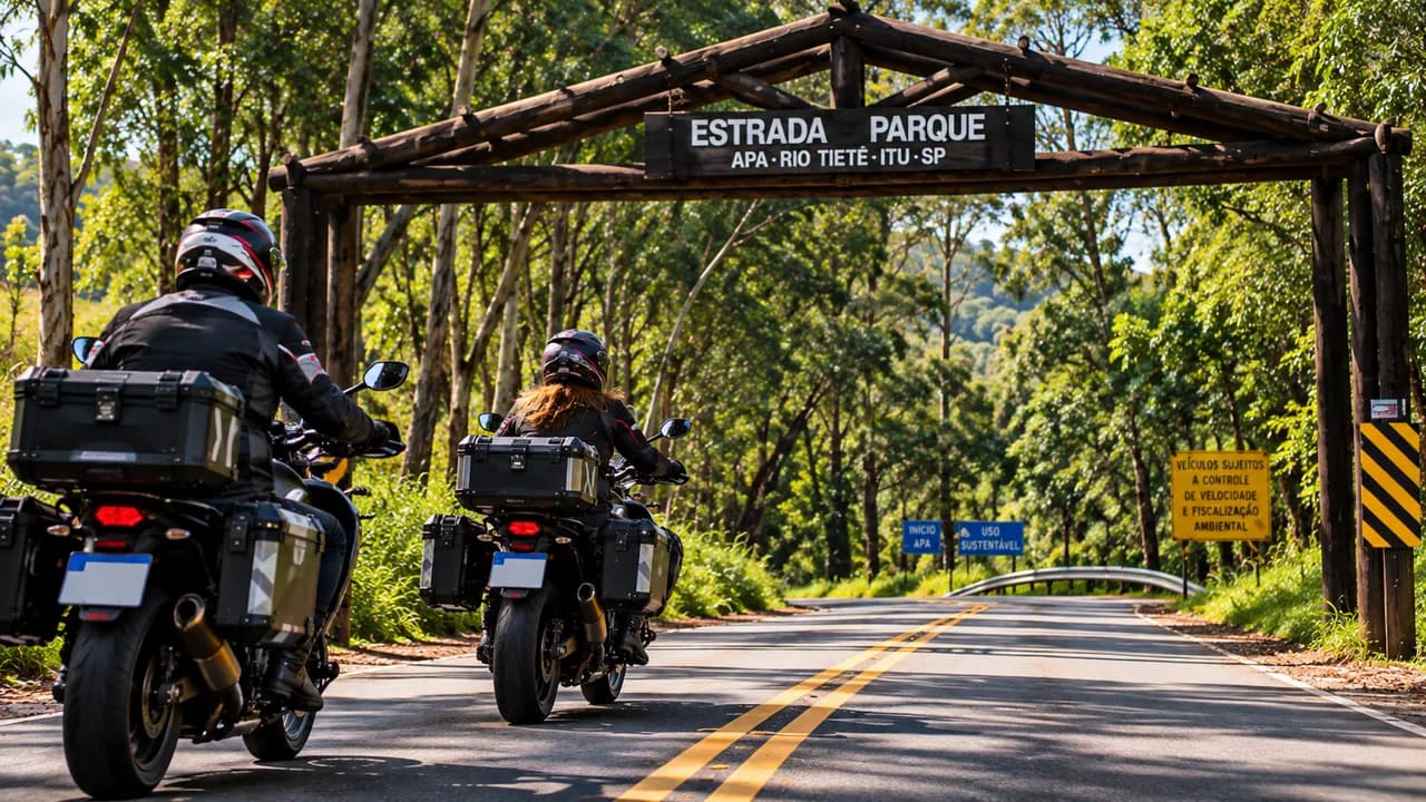 Dois pilotos de moto na estrada com mata atlantica ao fundo em Sao Paulo