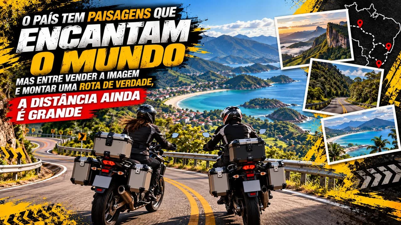Grupo de motociclistas em estrada sinuosa na Mata Atlântica do Sul do Brasil