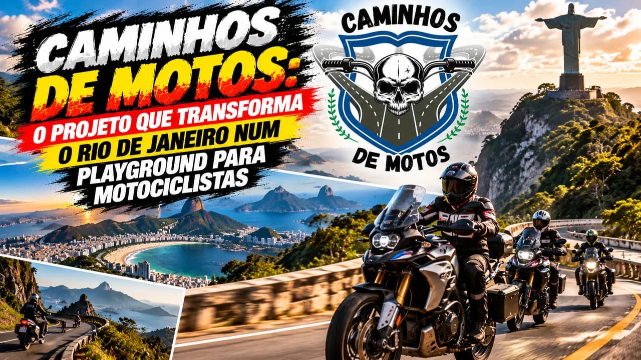 Motociclista percorrendo estrada sinuosa entre serras do Rio de Janeiro ao pôr do sol