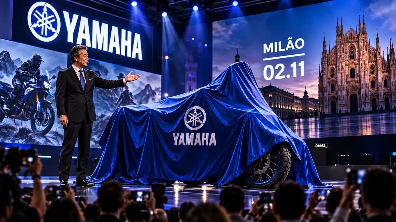 Moto adventure amarela parada em estrada de terra no Brasil ao entardecer, representando o espírito da possível Ténéré 900 da Yamaha