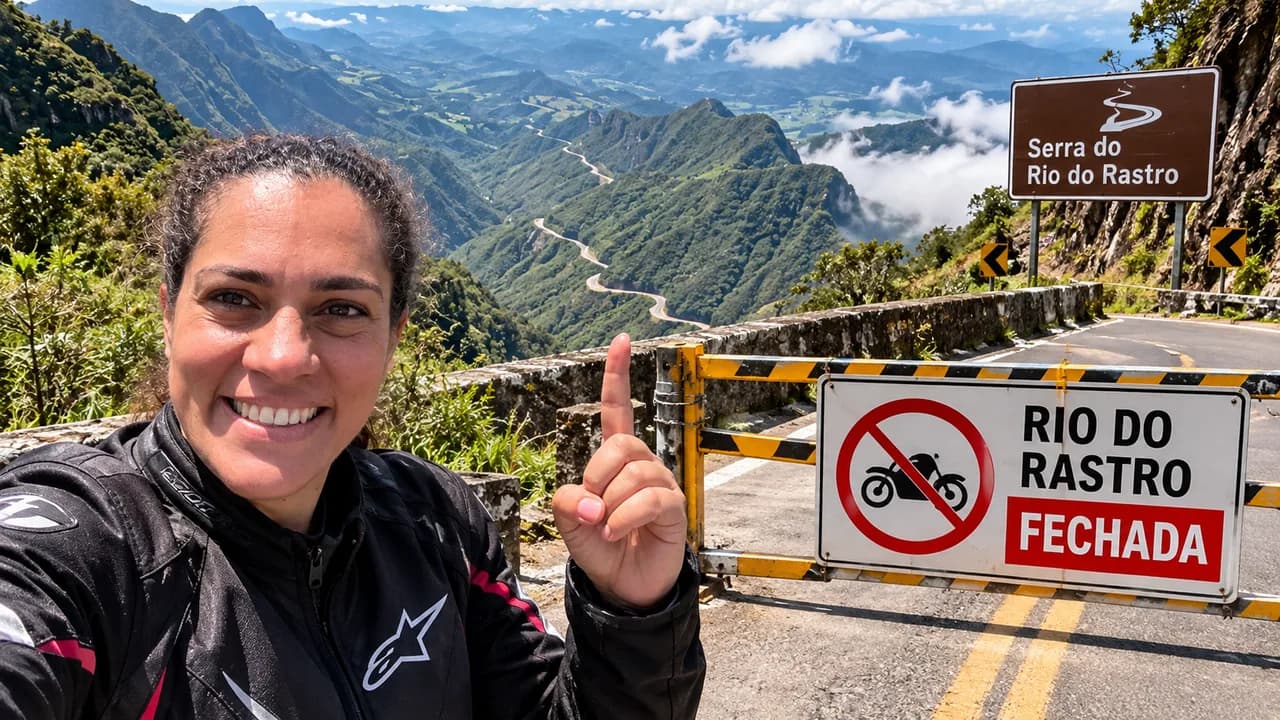 Moto adventure vermelha estacionada na Serra do Rio do Rastro ao pôr do sol, com curvas da estrada e Mata Atlântica ao fundo
