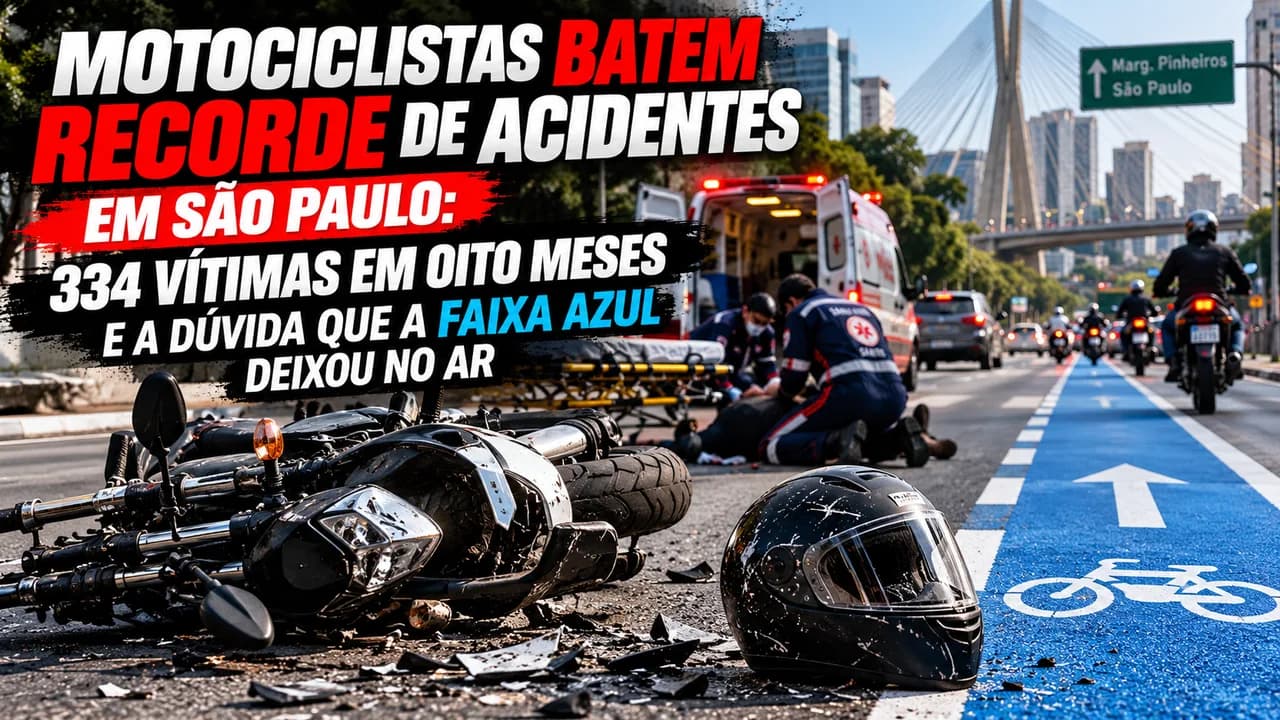 Vista aerea do transito intenso em grande avenida de Sao Paulo com dezenas de motocicletas no horario de pico
