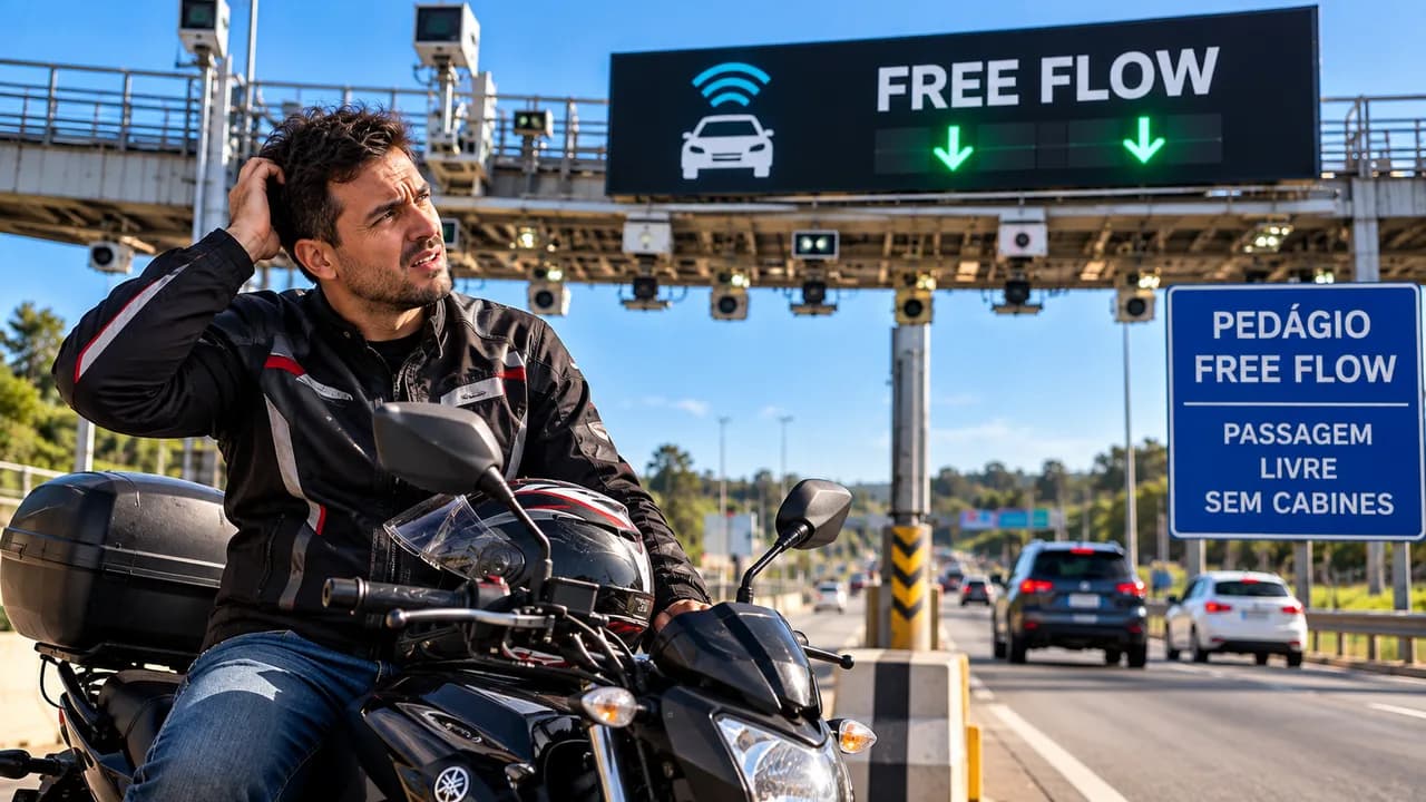 Motociclista passando sob pórtico de pedágio free flow em rodovia brasileira