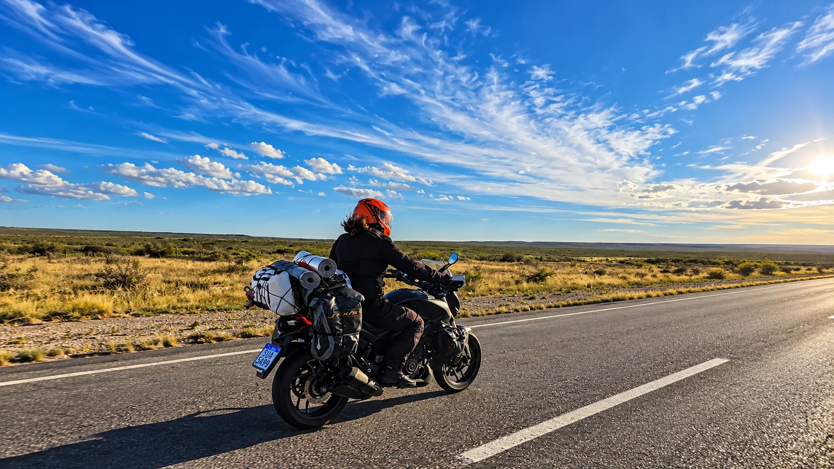 Juliana @casalcrepaldi pilotando sua moto pela Patagonia Argentina