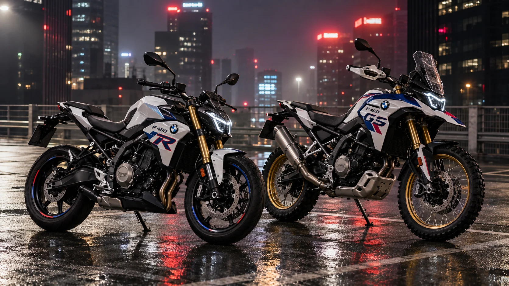 BMW F 450 R ao lado da BMW F 450 GS — comparação da plataforma compartilhada