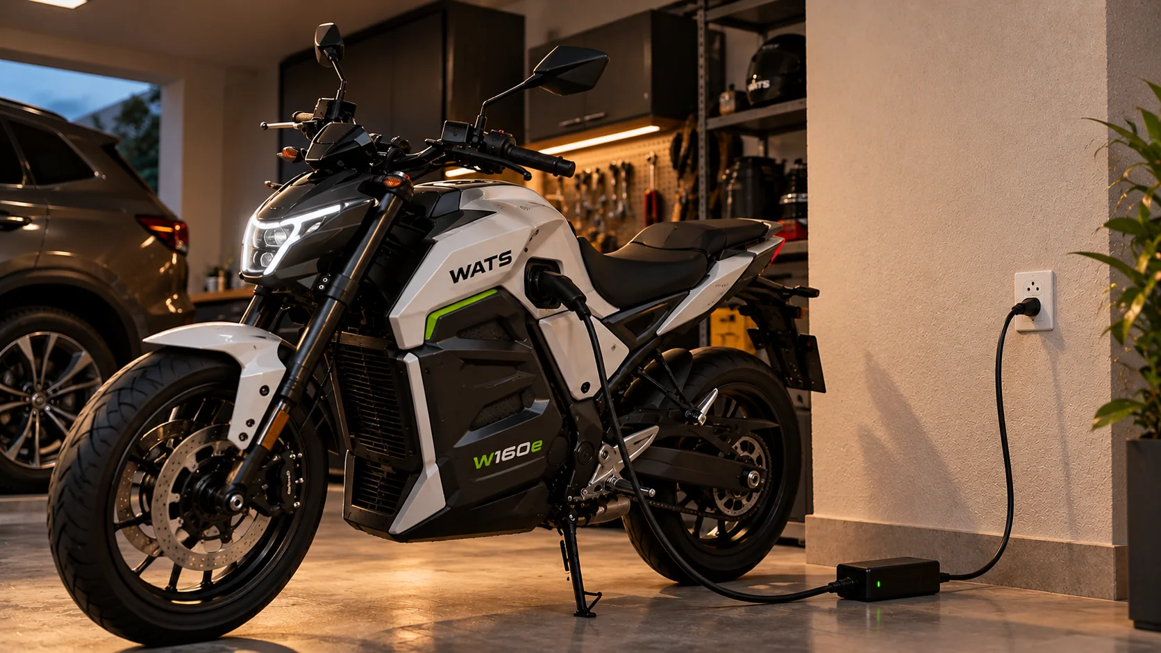 Moto elétrica sendo recarregada em garagem residencial — economia no combustível