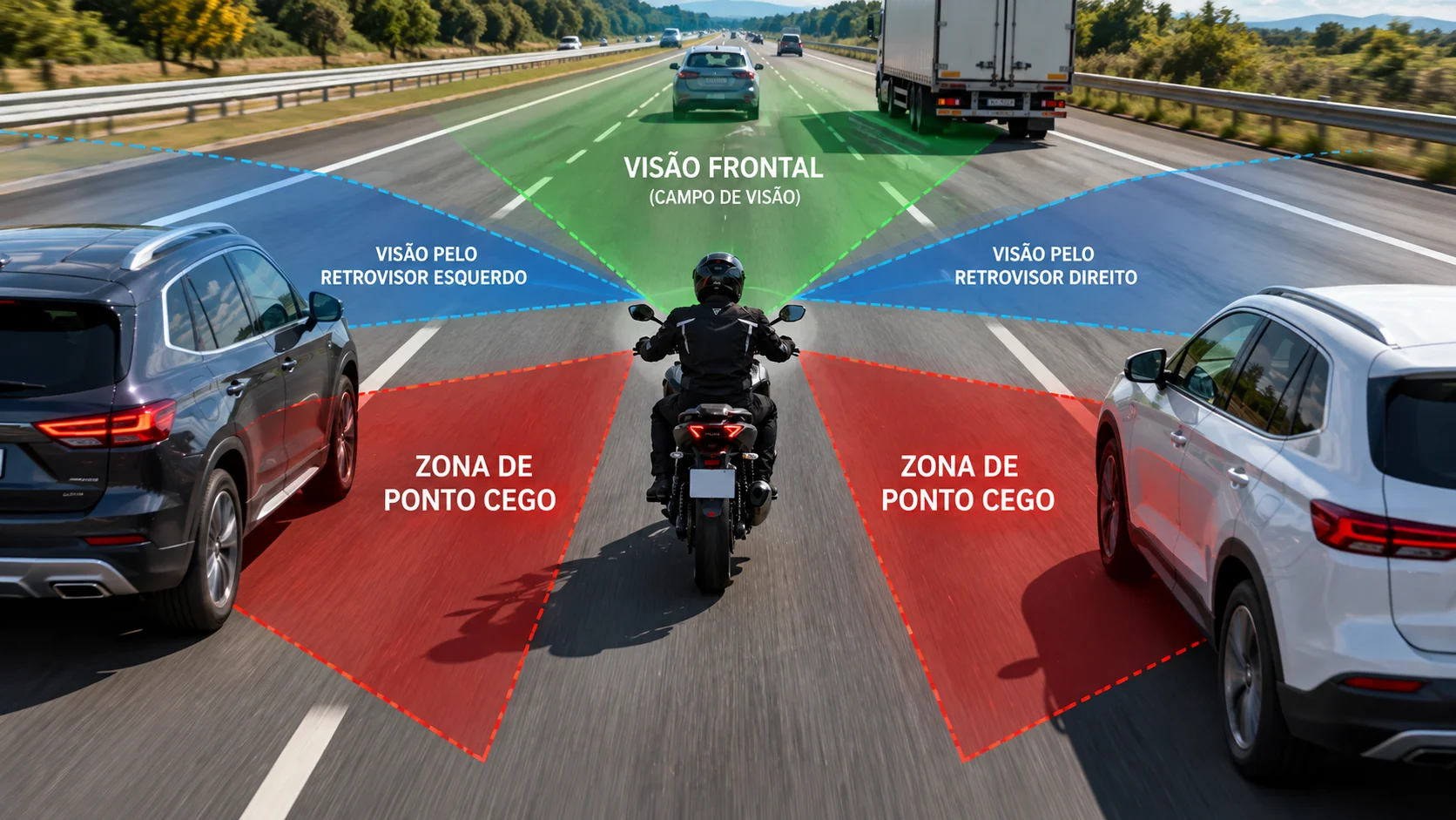 Diagrama mostrando a zona de ponto cego ao redor de uma motocicleta em rodovia