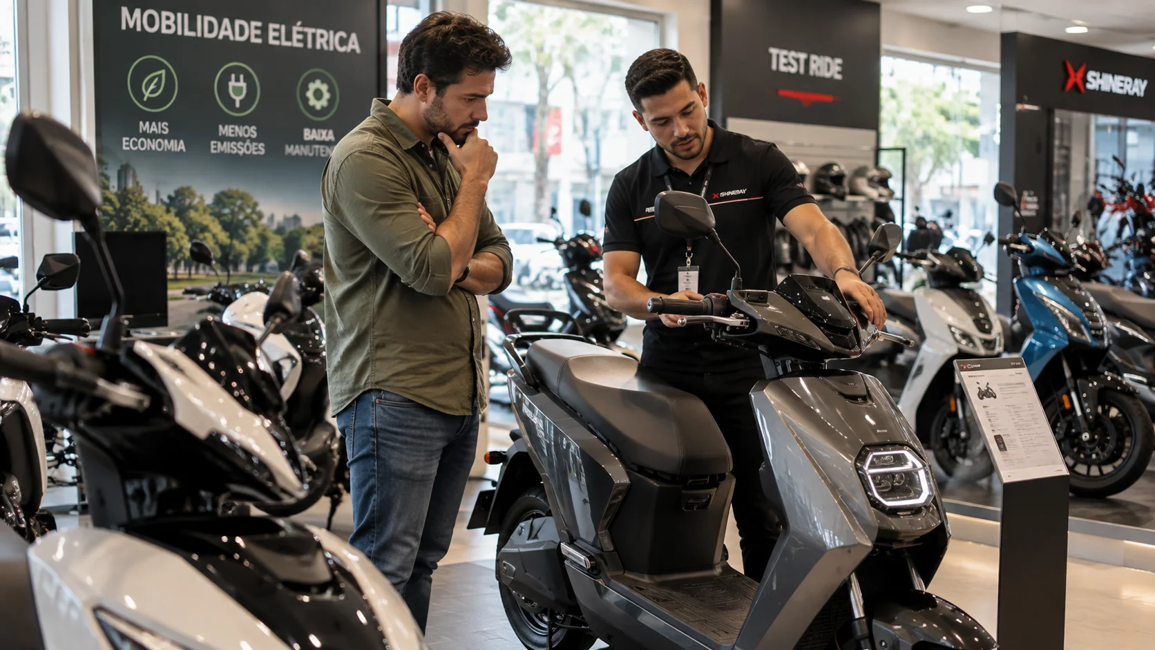 Pessoa analisando moto elétrica em concessionária — como escolher o modelo certo