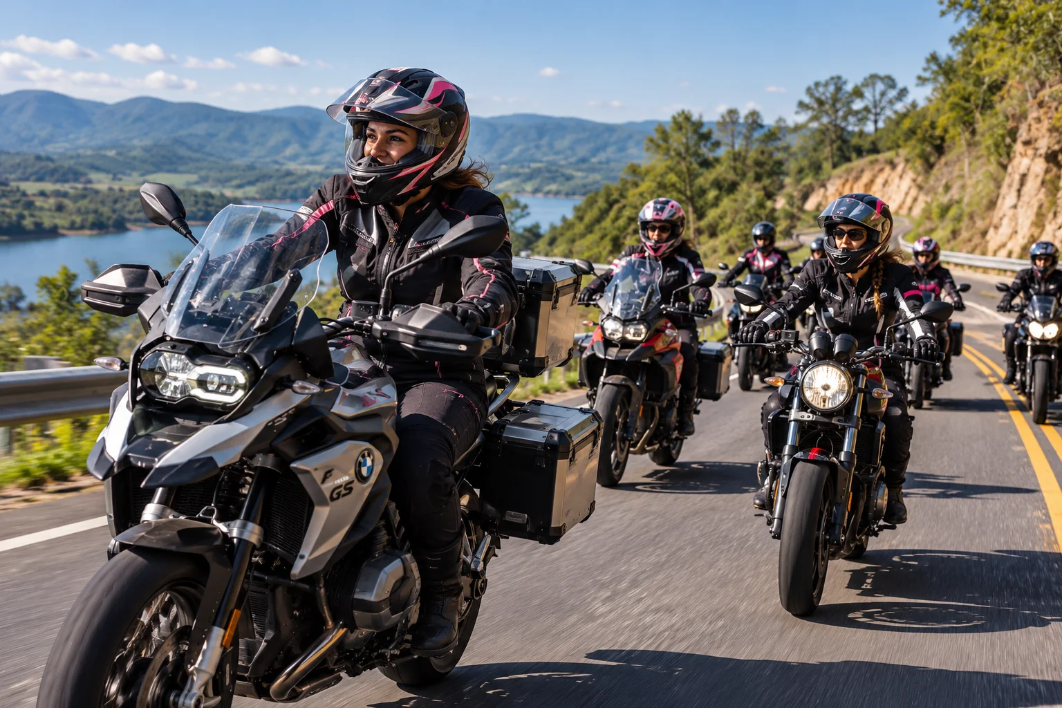 Grupo de mulheres motociclistas em estrada brasileira