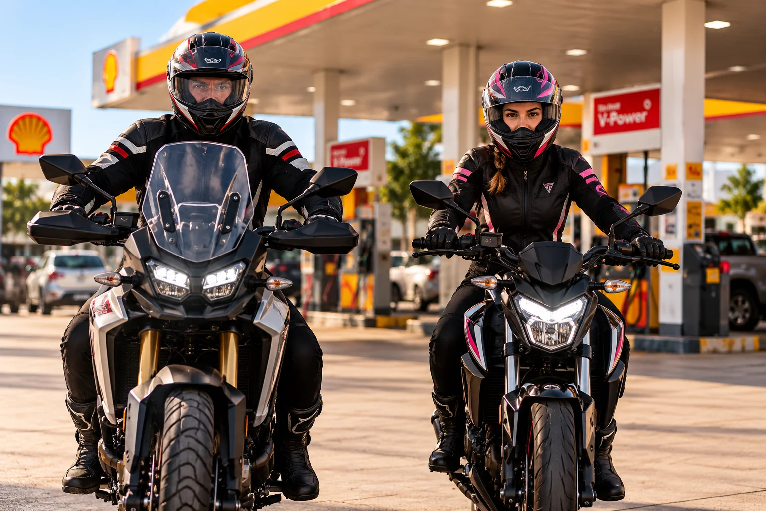 Casal pilotando moto