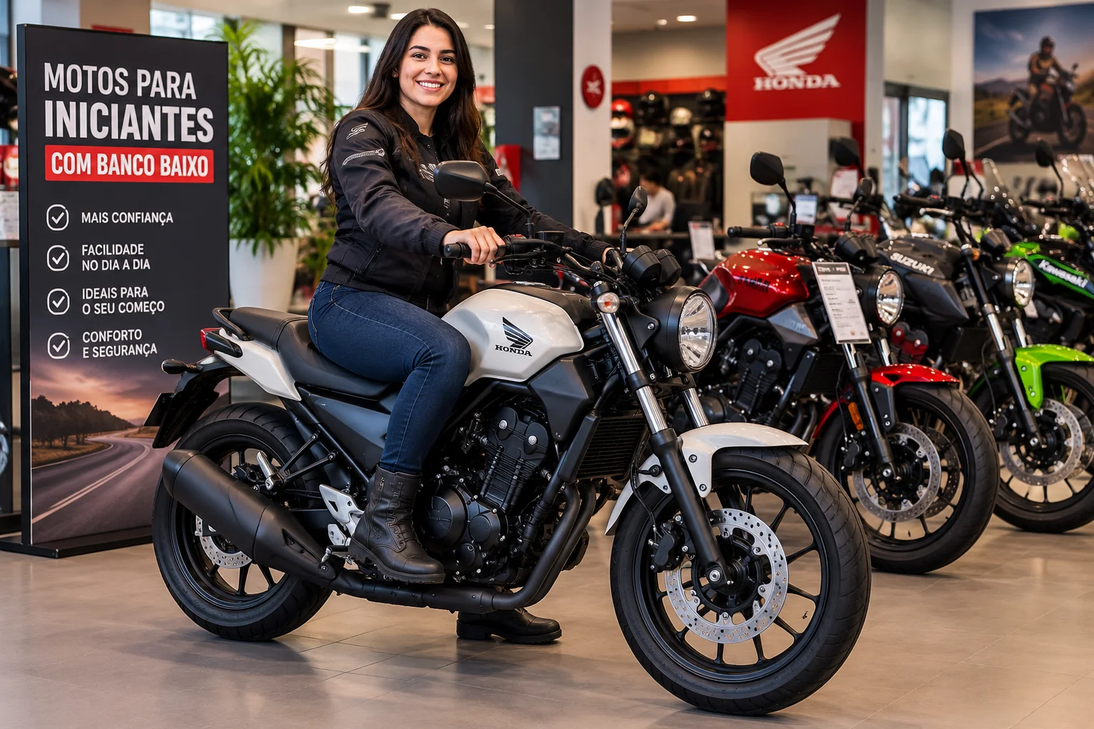 Motos para iniciantes em concessionaria com banco baixo