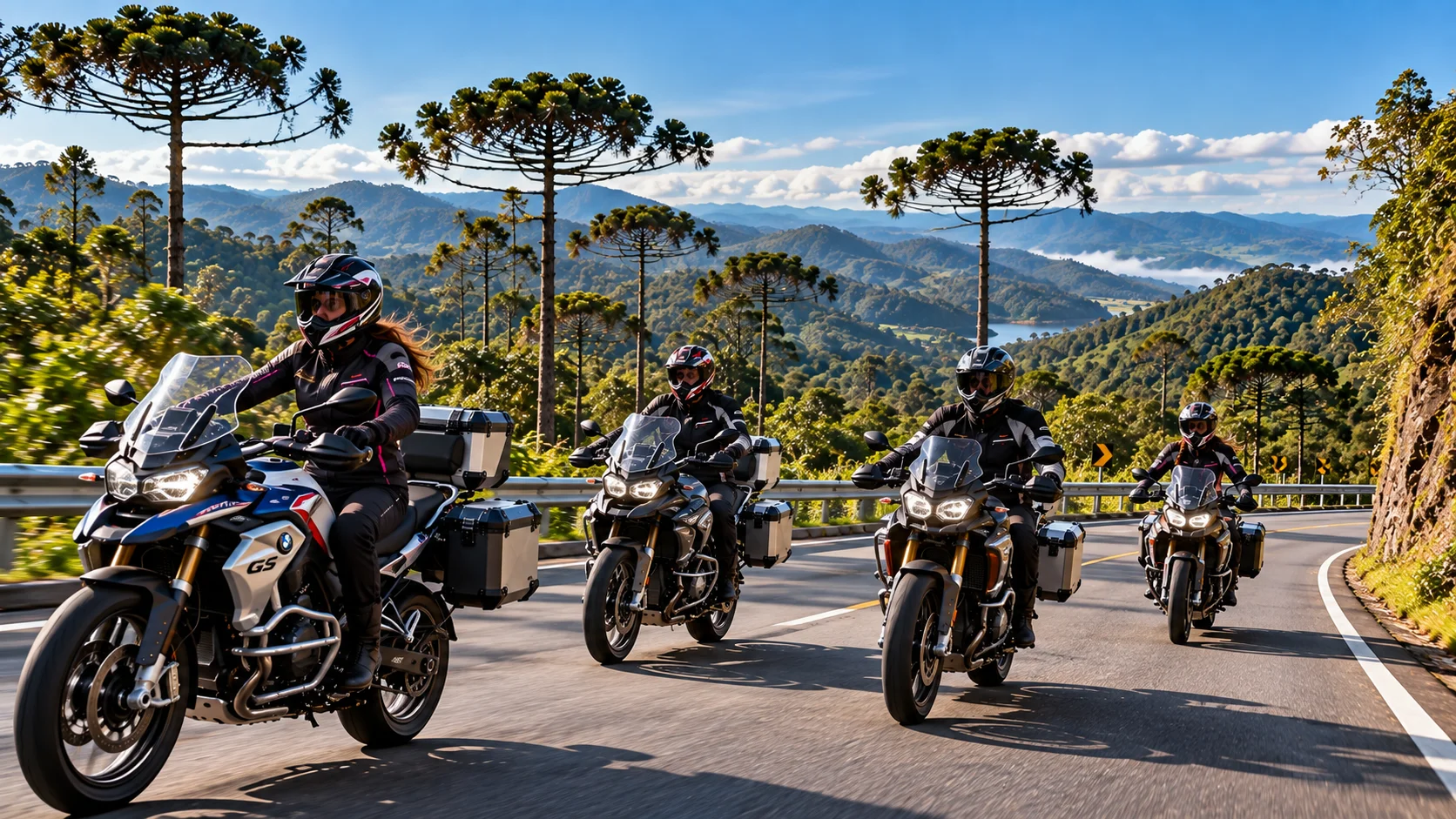 Grupo de motociclistas na estrada do Paraná com Araucárias ao fundo