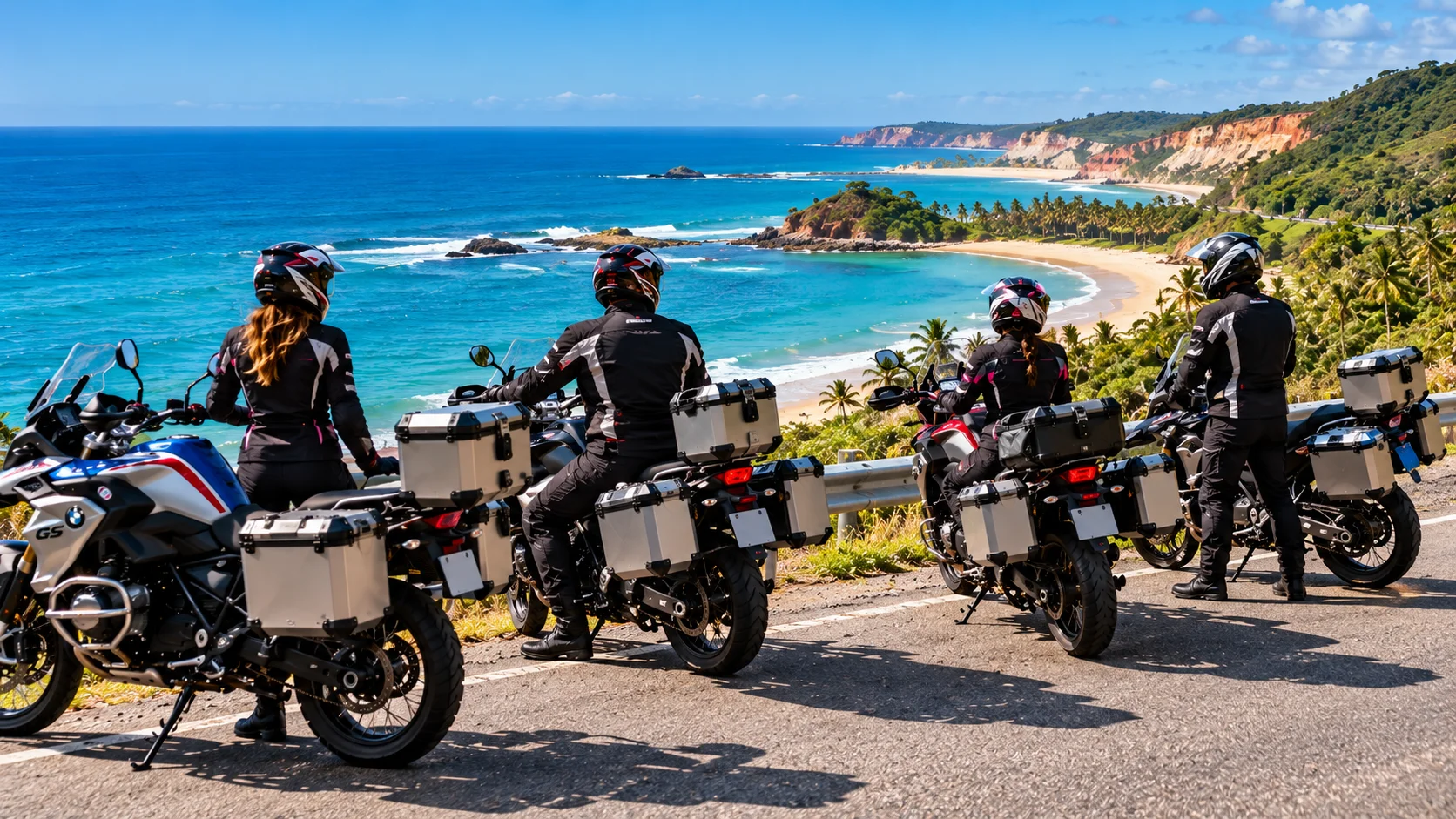 Motos paradas em estrada costeira do Nordeste brasileiro com mar turquesa ao fundo