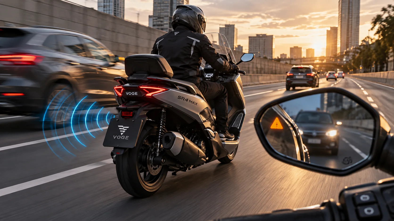 Voge SR4 Max com sistema de radar e alerta de ponto cego — scooter premium com tecnologia ARAS no Brasil